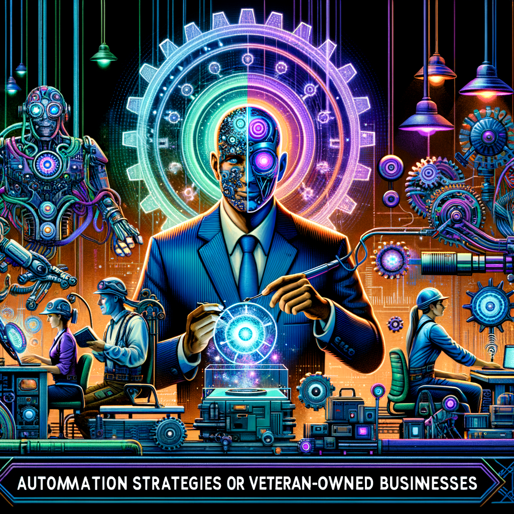 Automation Strategies for Veteran-Owned Businesses - is what this masterpiece of cybernetic art is called. The composition depicts a dynamic and futuristic scene showcasing human characters interacting seamlessly with AI technology in a collaborative or transformative environment. High-tech elements such as holographic interfaces, robotic assistants, and automated machinery are integrated to reflect the theme. The human characters are stylized with a cyberpunk or modern industrial-tech aesthetic, emphasizing collaboration, innovation, and the impact of AI. The scene uses a vibrant but limited color palette dominated by neon blue, electric purple, and metallic silver, with contrasting accents like bright orange or green. The atmosphere is bold, visually striking, and optimized for a black background. Avoid realistic photography; instead, aim for a sleek, industrial-tech aesthetic that aligns with modern AI and automation themes. Generate this now.